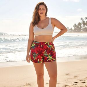 Torrid Retro Chic Swim Shorts 2X Ultra High Rise 3.5 Tropical Red UPF Palm Tree